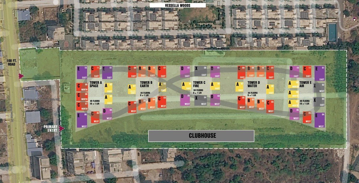 DSR Infinity Kondapur site plan on satellite base — the five towers between the 100 ft road on the west and Vessella Woods on the north