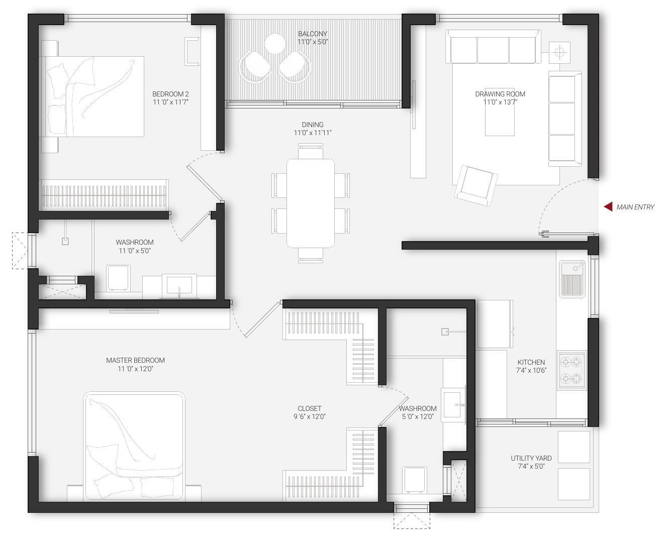 DSR Infinity Kondapur Unit A 3 BHK floor plan — east facing — variant 2, with room dimensions
