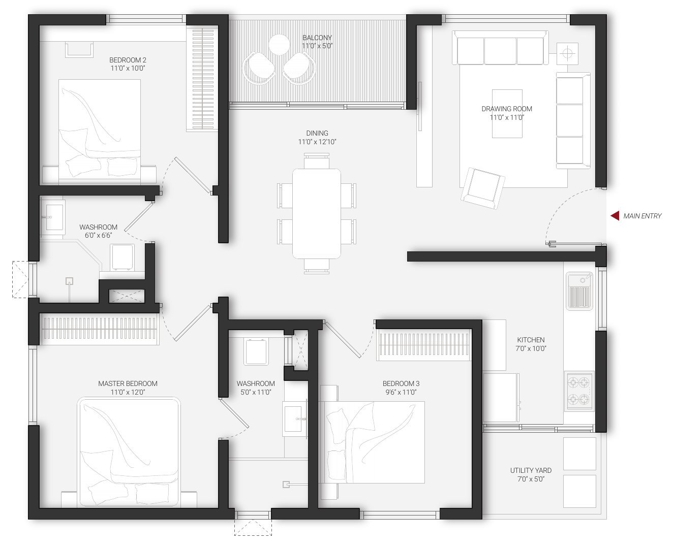 DSR Infinity Kondapur Unit A 3 BHK floor plan — east facing, with room dimensions