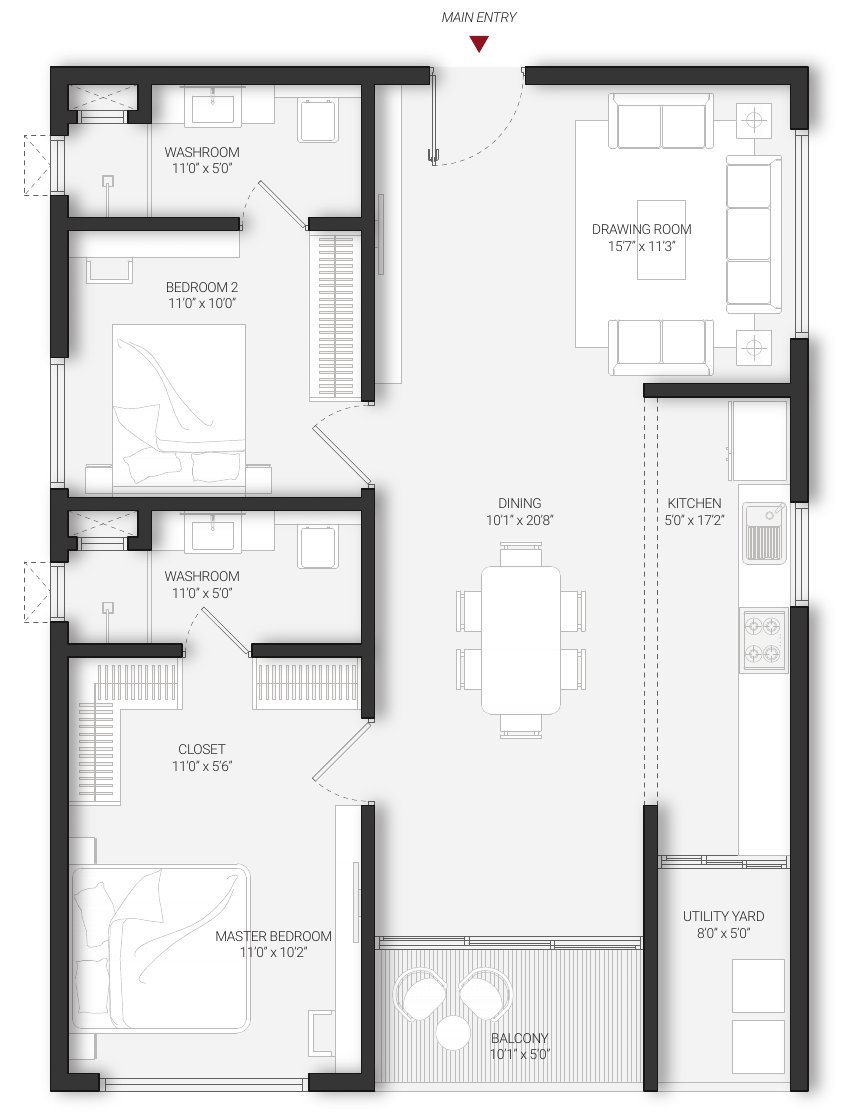 DSR Infinity Kondapur Unit A 3 BHK floor plan — north facing — variant 2, with room dimensions