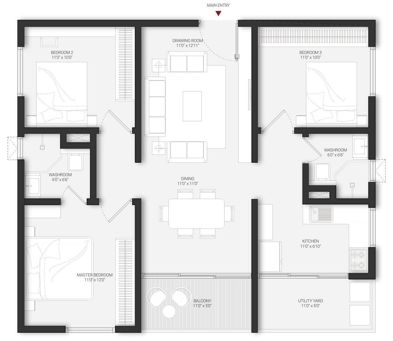 DSR Infinity Kondapur Unit A 3 BHK floor plan — north facing, with room dimensions