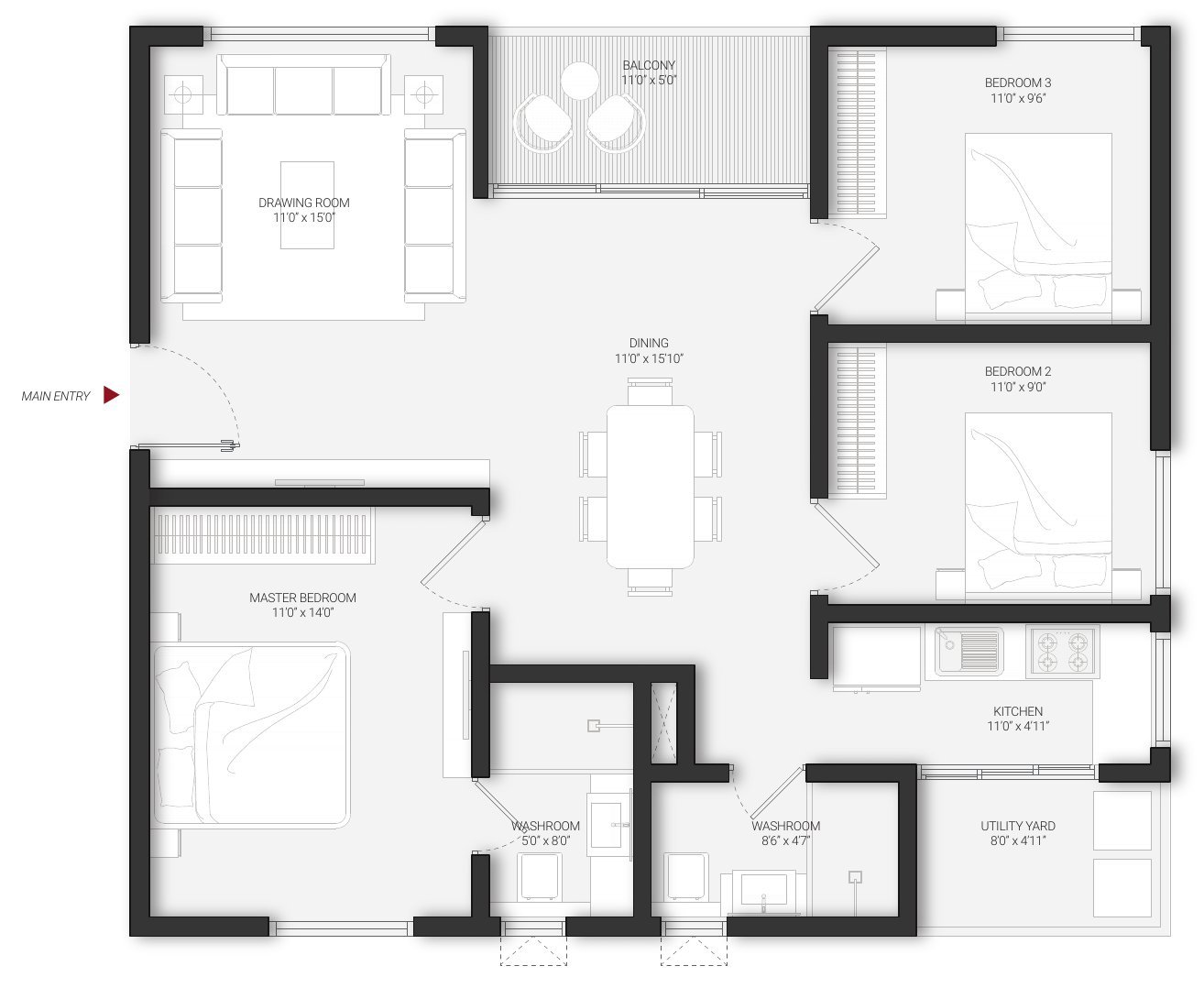 DSR Infinity Kondapur Unit A 3 BHK floor plan — west facing, with room dimensions
