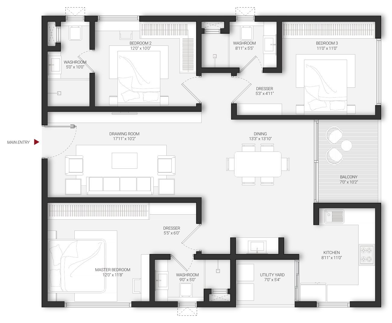 DSR Infinity Kondapur Unit B 3 BHK floor plan — west facing · 1,799 sft, with room dimensions