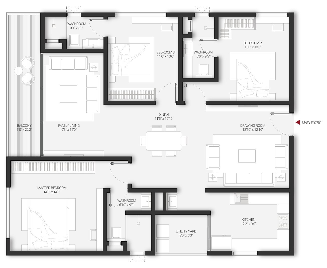 DSR Infinity Kondapur Unit C 3 BHK + family living floor plan — east facing · 2,187 sft, with room dimensions