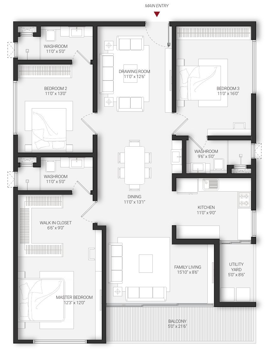 DSR Infinity Kondapur Unit C 3 BHK + family living floor plan — north facing · 2,196 sft, with room dimensions