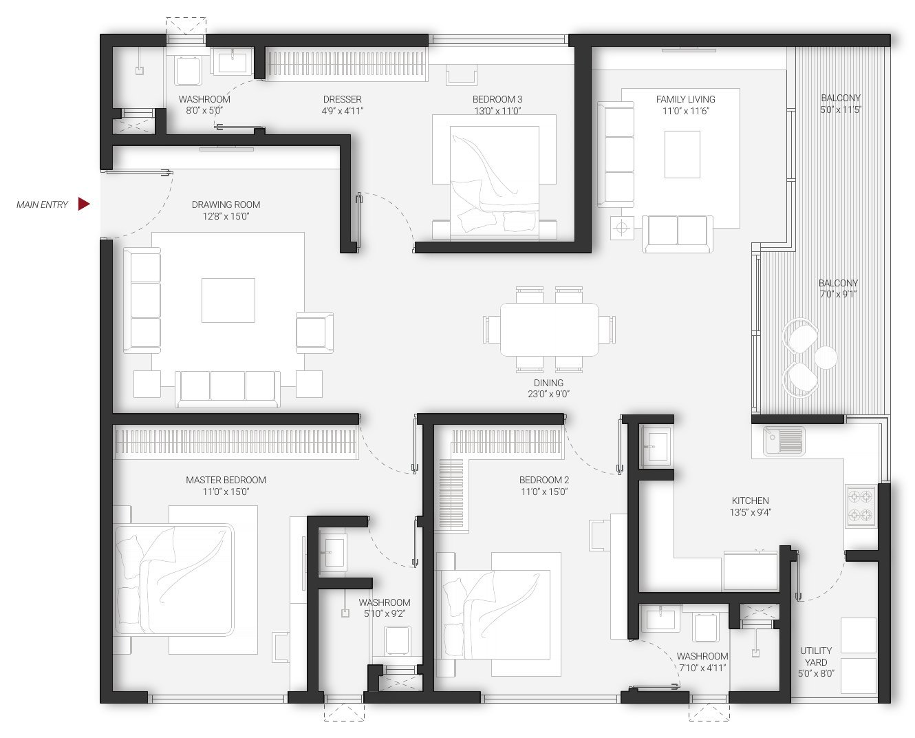 DSR Infinity Kondapur Unit C 3 BHK + family living floor plan — west facing · 2,187 sft, with room dimensions