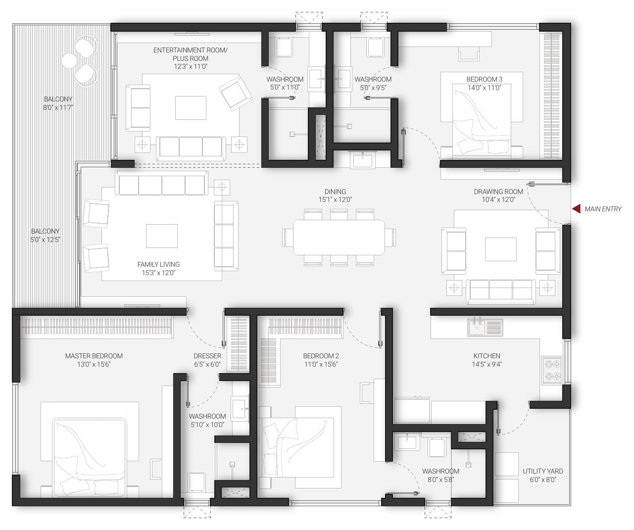 DSR Infinity Kondapur Unit D 3 BHK + plus room floor plan — east facing · 2,567 sft, with room dimensions