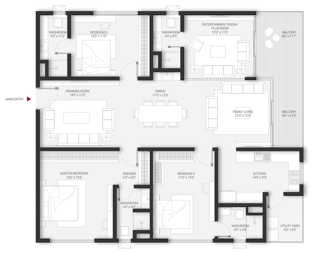DSR Infinity Kondapur Unit D 3 BHK + plus room floor plan — west facing · 2,567 sft, with room dimensions