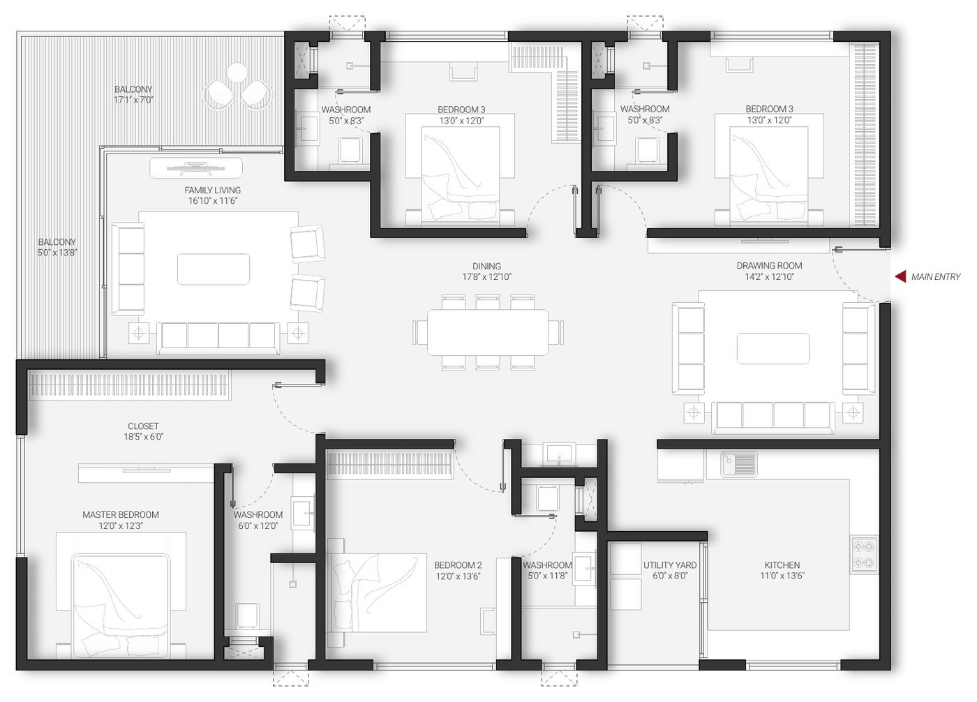 DSR Infinity Kondapur Unit E 4 BHK floor plan — east facing · 3,033 sft, with room dimensions