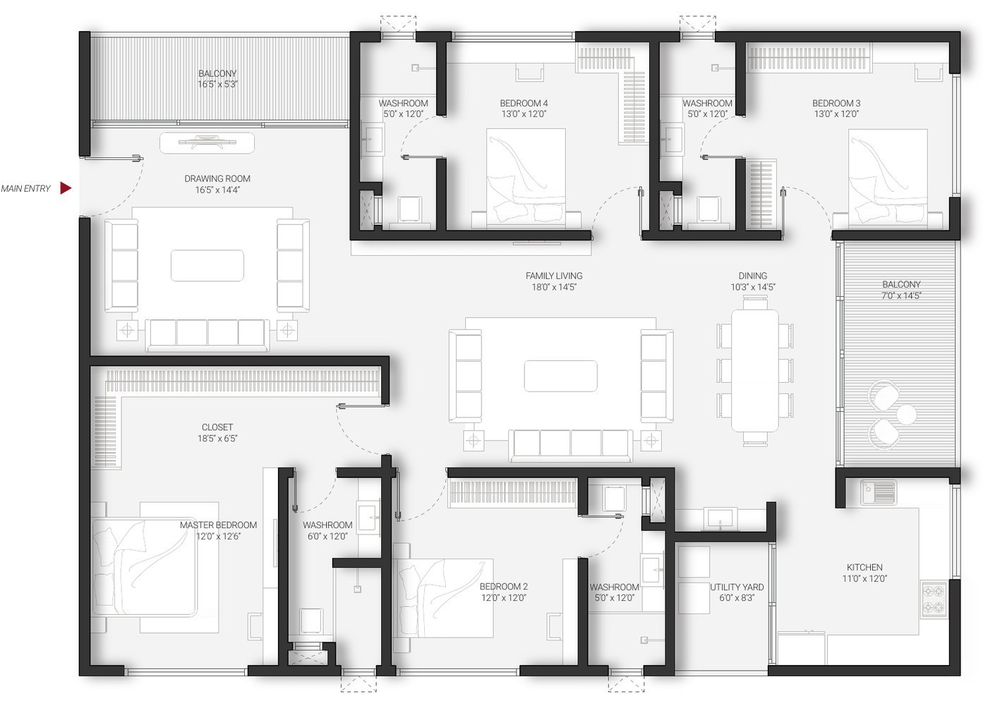 DSR Infinity Kondapur Unit E 4 BHK floor plan — west facing · 3,033 sft, with room dimensions